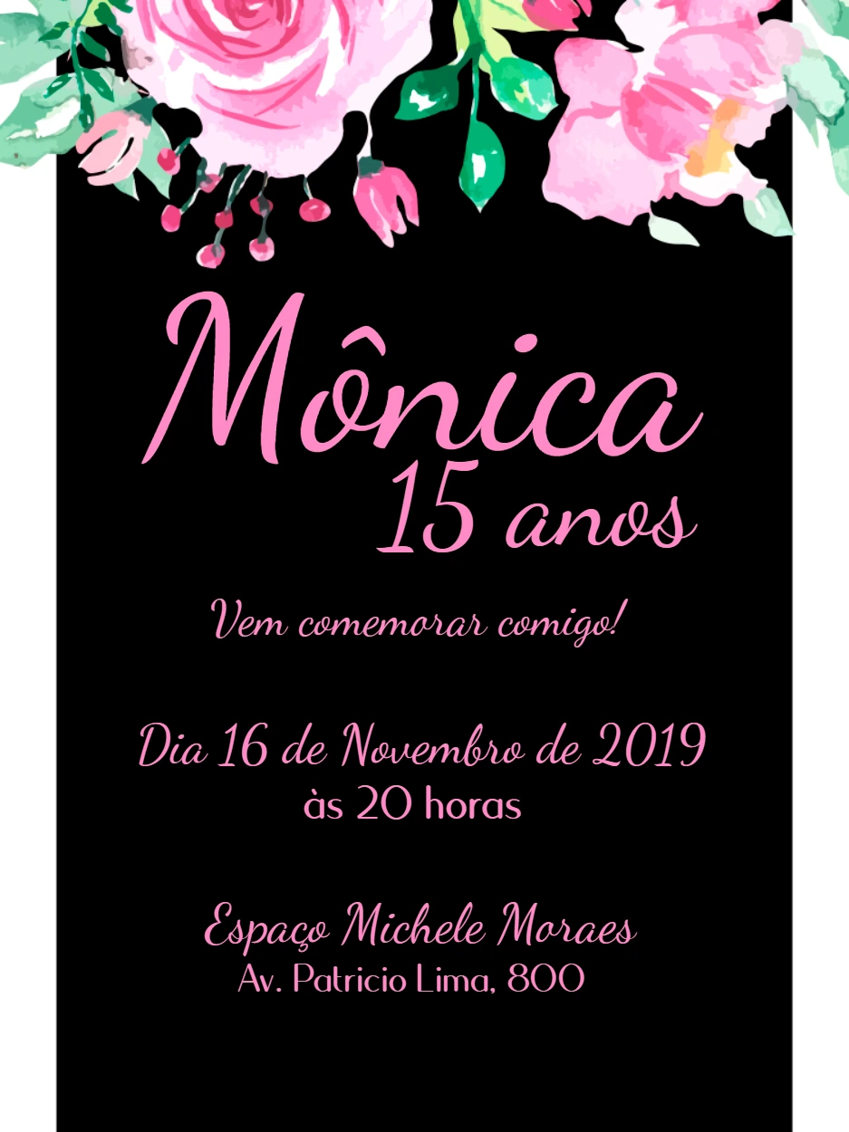 Convite 15 anos Floral Preto e Rosa para Editar Online