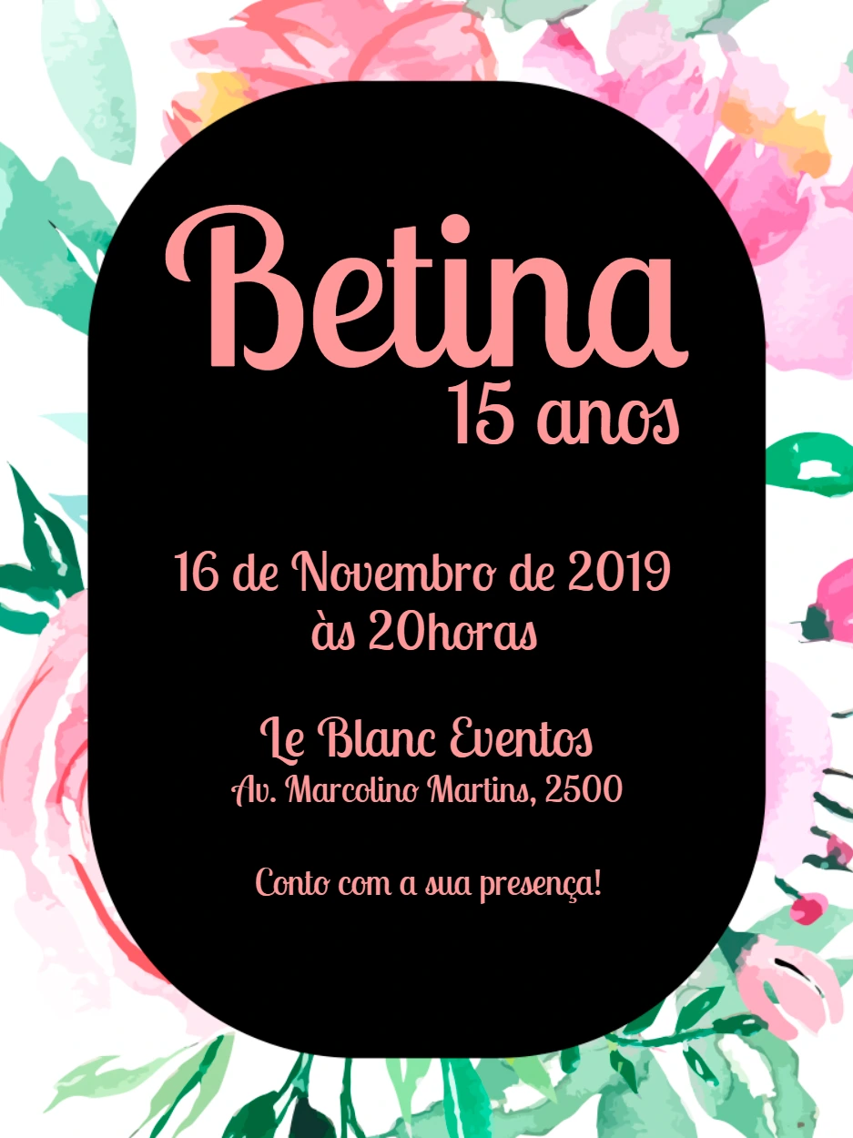 Convite de 15 anos Floral Preto para Editar Online