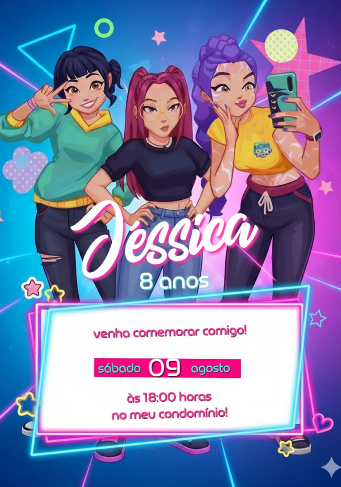 Convite Aniversário Guerreiras K-pop para Editar Online