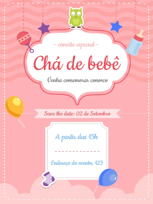 Convite Chá de Bebê Rosa com Coruja para Editar Online