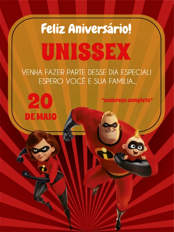 Convite de Aniversário Os Incríveis para Editar e Enviar Online