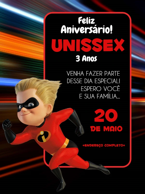 Convite de Aniversário Os Incríveis com Flecha para Editar