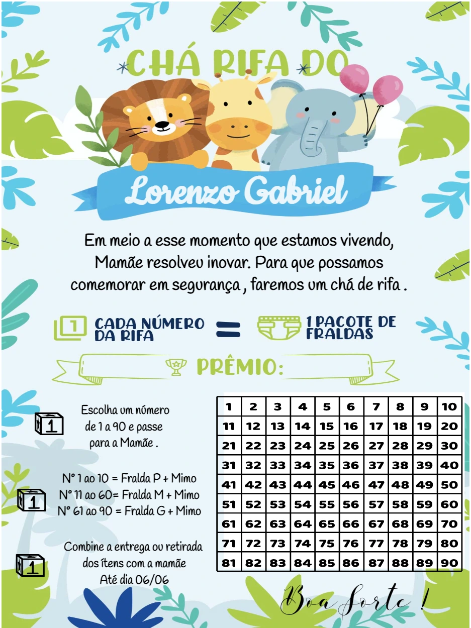 Convite Chá Rifa Safari com Animais Fofos para Editar Online