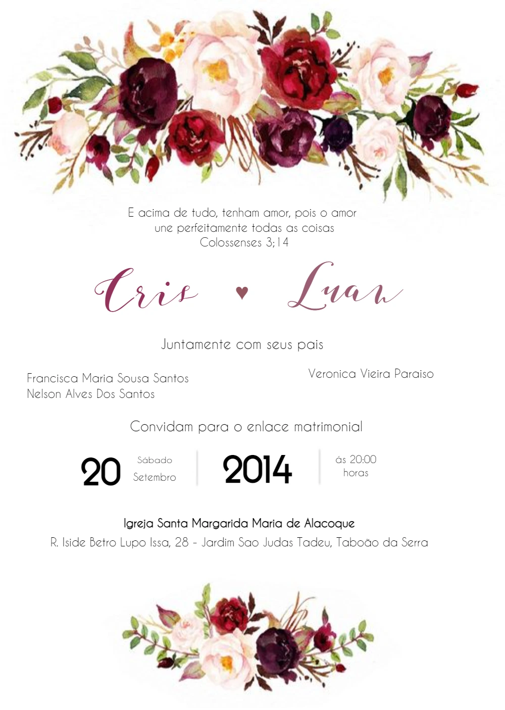 Convite de Casamento Floral Marsala para Editar Online