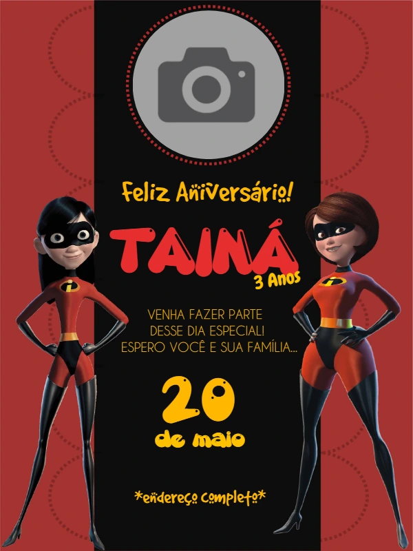 Convite de Aniversário Os Incríveis com Foto para Editar