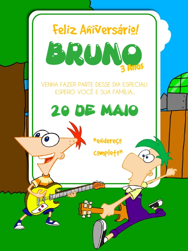 Convite de Aniversário Phineas e Ferb para Editar Online
