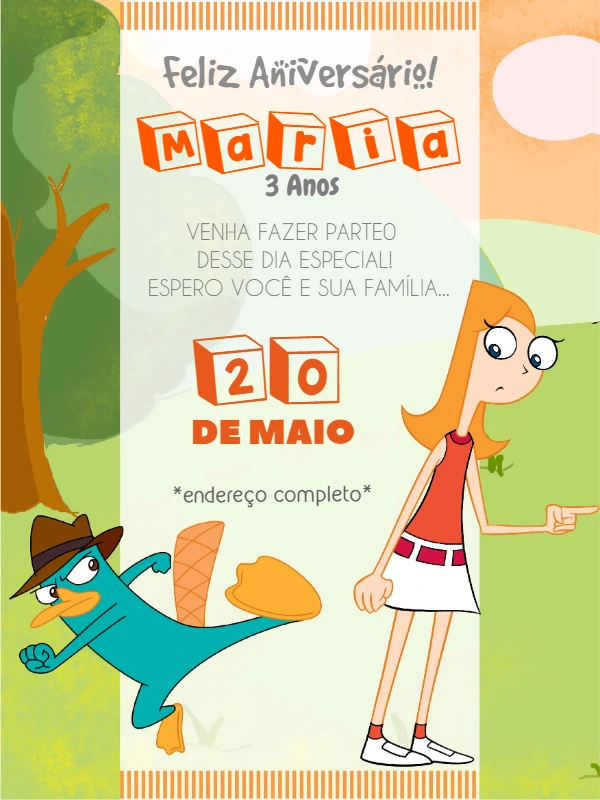 Convite de Aniversário Phineas e Ferb para Editar Online