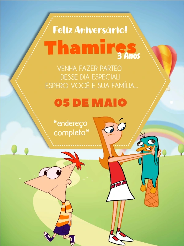 Convite de Aniversário Phineas e Ferb para Editar Online