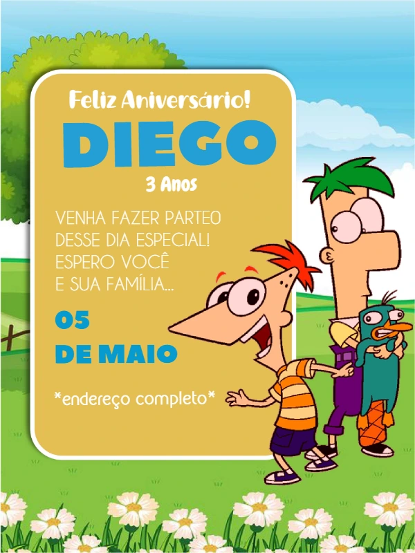 Convite de Aniversário Phineas e Ferb para Editar Online