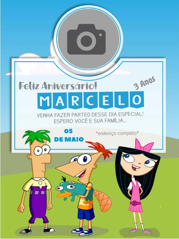 Convite Aniversário Phineas e Ferb com Foto para Editar