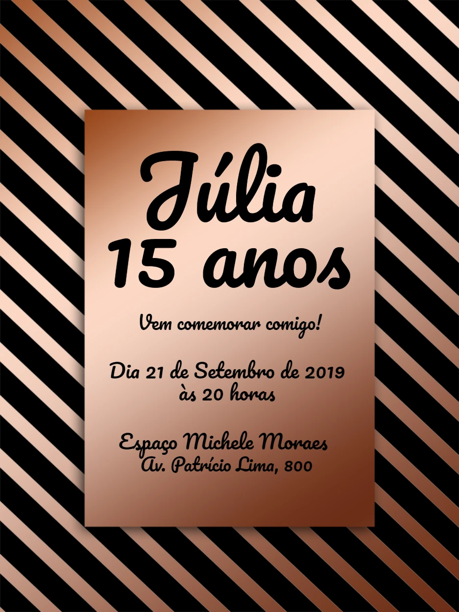 Convite 15 anos Rosê Gold e Preto Listrado para Editar
