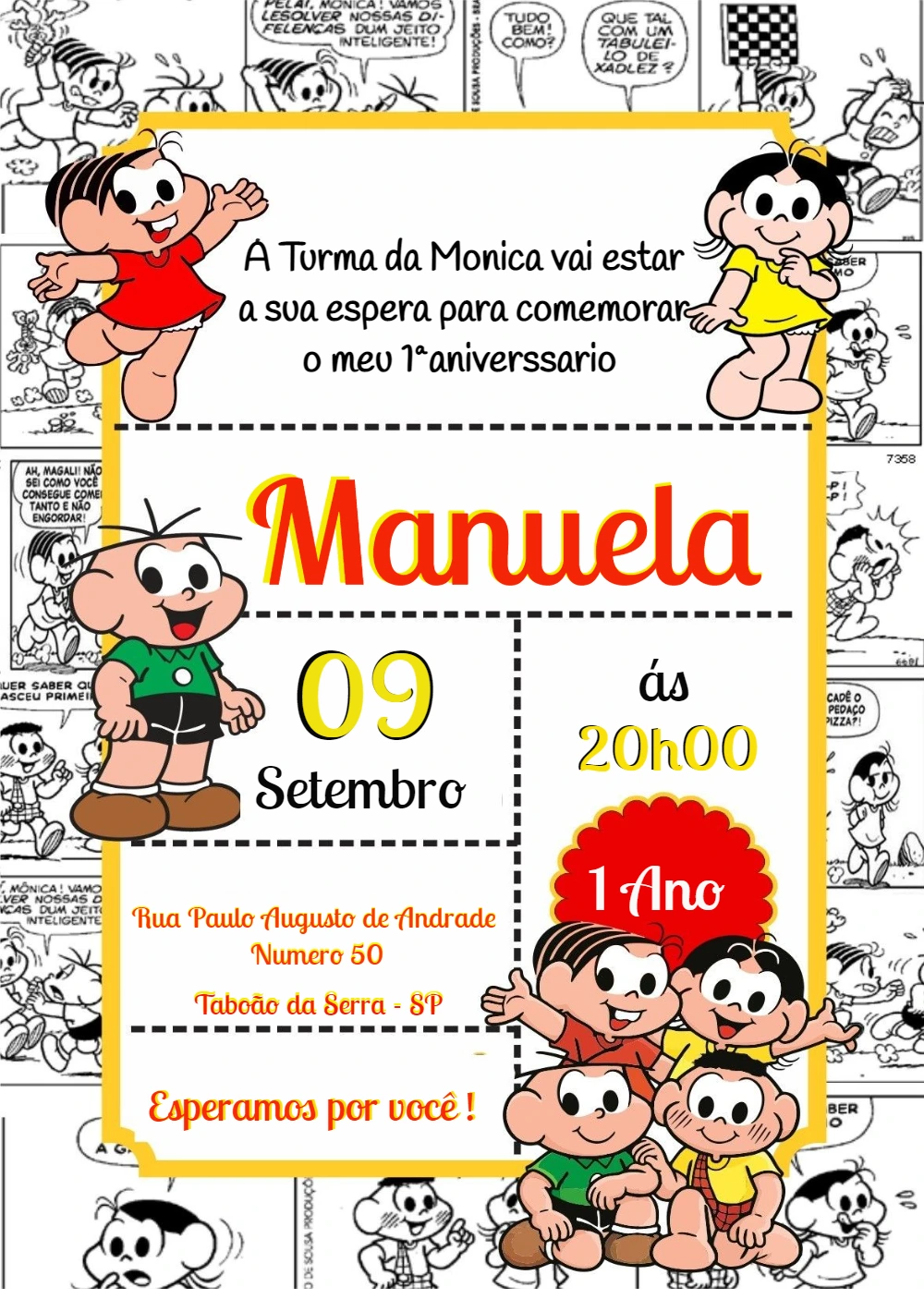 Convite Aniversário Turma da Mônica Quadrinhos para Editar Online