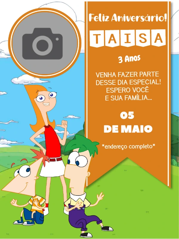 Convite de Aniversário Phineas e Ferb com Foto para Editar