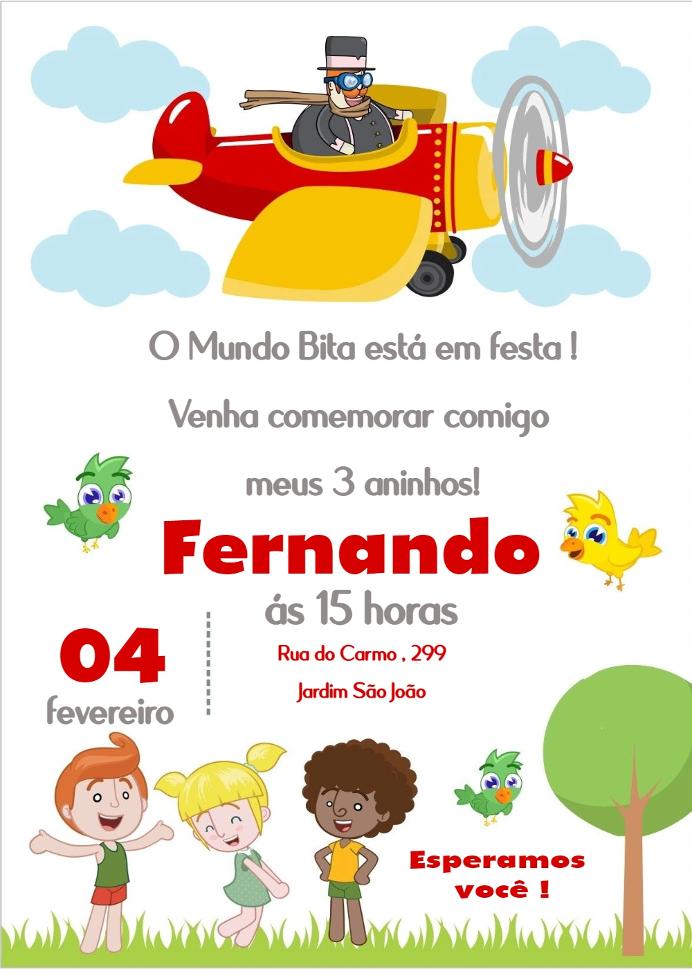 Convite Aniversário Mundo Bita Aviador para Editar Online