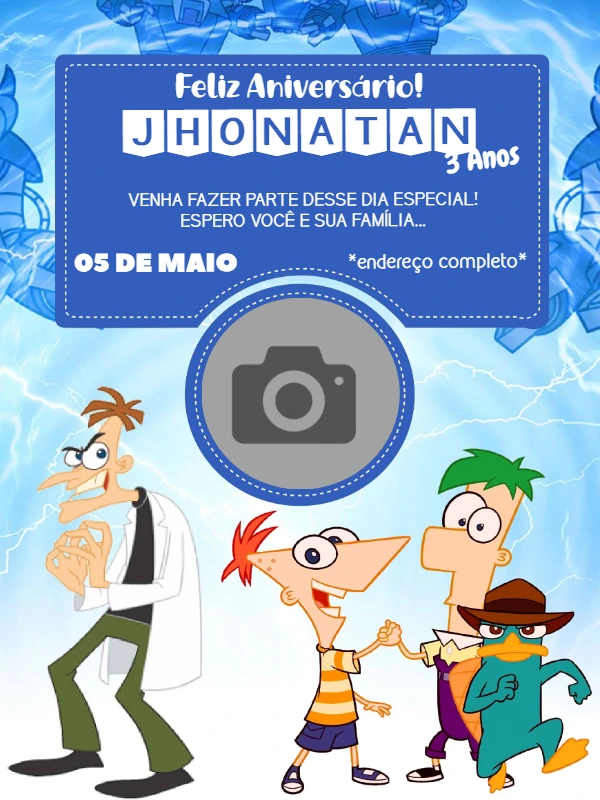 Convite Aniversário Phineas e Ferb com Foto para Editar Online