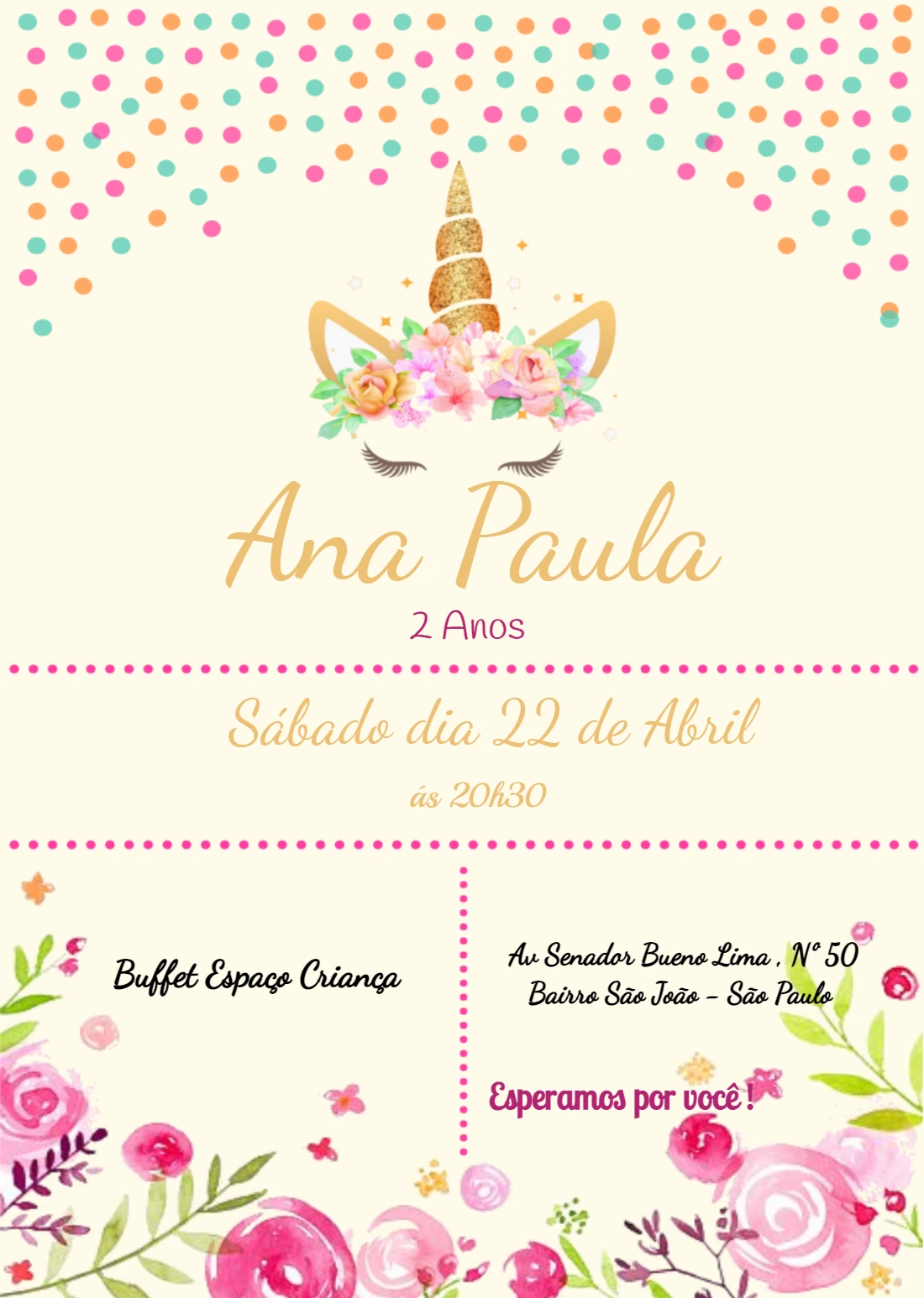 Convite de Aniversário Unicórnio Floral para Editar Online