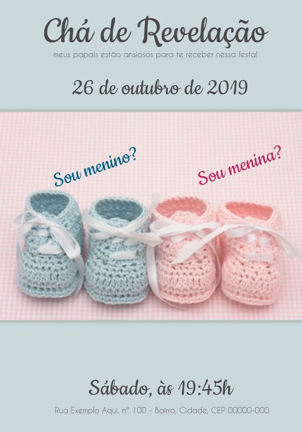 Convite Chá Revelação Sapatinhos Menino ou Menina para Editar