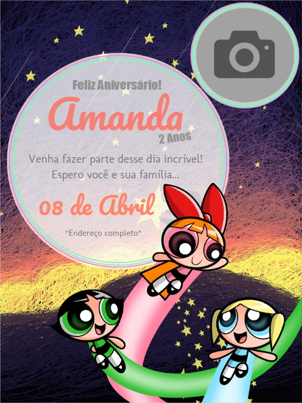 Convite de Aniversário Meninas Super Poderosas com Foto para Editar