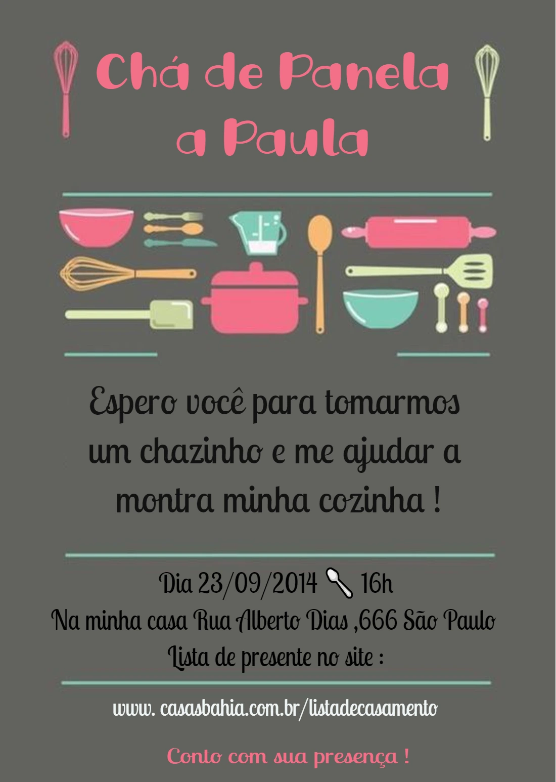 Convite Chá de Panela com Utensílios para Editar Online
