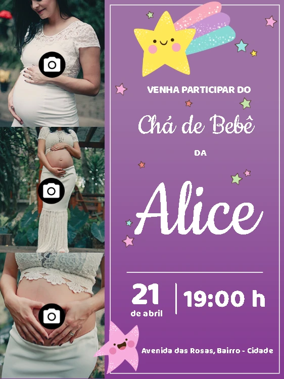 Convite Chá de Bebê com Foto e Estrelinhas para Editar Online