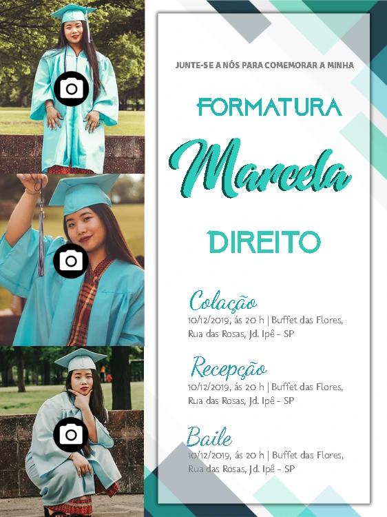 Convite de Formatura com 3 Fotos para Editar Online
