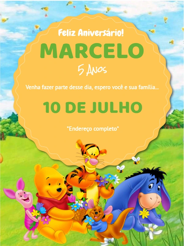 Convite de Aniversário Ursinho Pooh e Turma para Editar Online