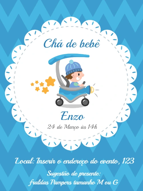 Convite Chá de Bebê Menino Carrinho Azul para Editar Online