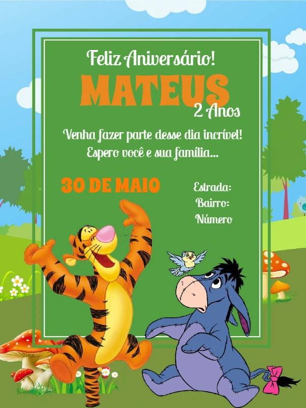 Convite de Aniversário Tigrão e Ió do Pooh para Editar Online