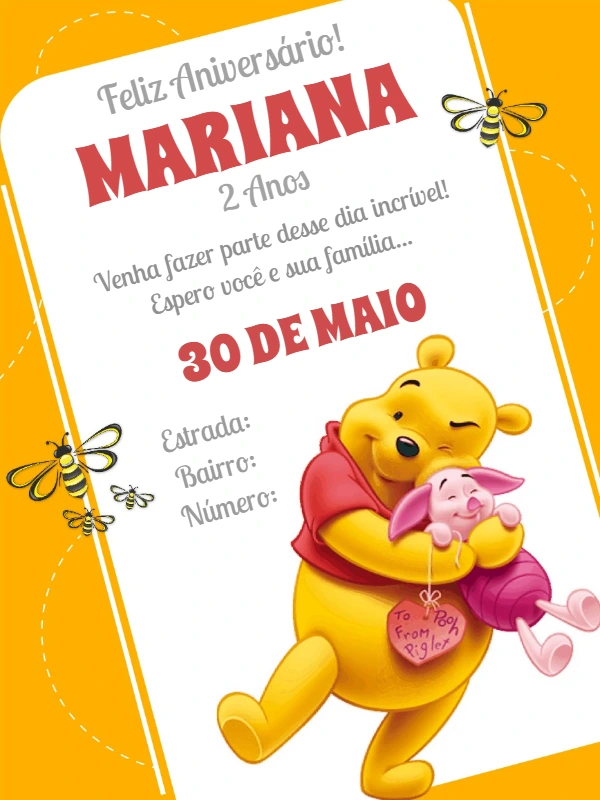 Convite de Aniversário Ursinho Pooh para Editar e Imprimir