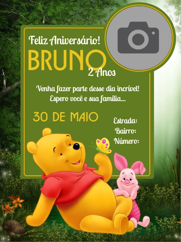 Convite Aniversário Ursinho Pooh com Foto para Editar Online