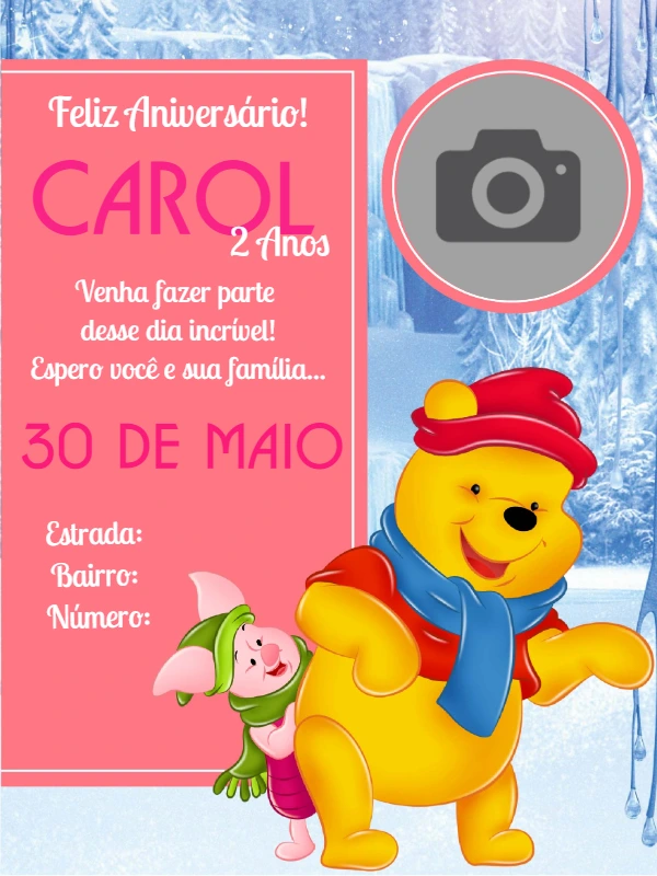Convite Aniversário Ursinho Pooh com Foto para Editar Online