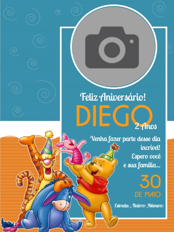 Convite Aniversário Ursinho Pooh com Foto para Editar Online