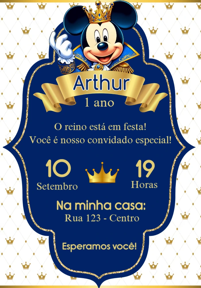 Convite Aniversário Mickey Realeza para Editar Online