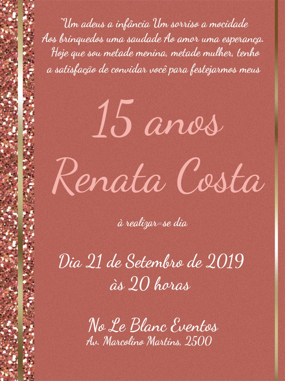 Convite de 15 anos Rosê Gold com Glitter para Editar Online