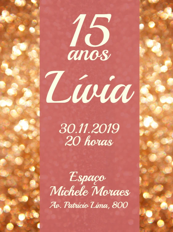 Convite 15 Anos Rosa e Dourado com Glitter para Editar Online