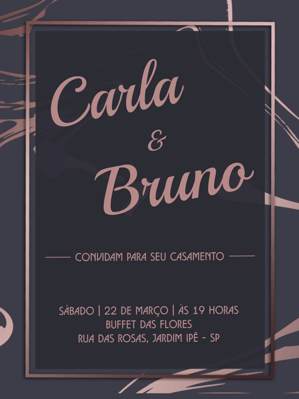 Convite de Casamento Marmorizado Preto e Rosê para Editar Online