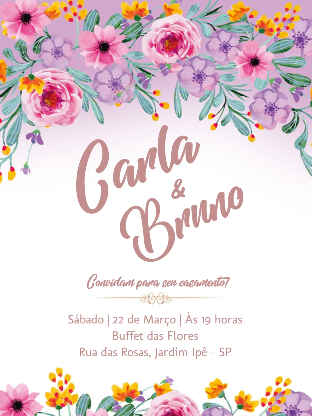 Convite de Casamento Floral Rosa e Lilás para Editar Online