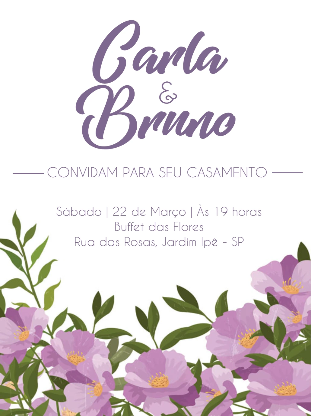 Convite de Casamento Floral Roxo para Editar Online