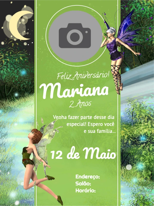 Convite de Aniversário Fadas com Foto para Editar Online