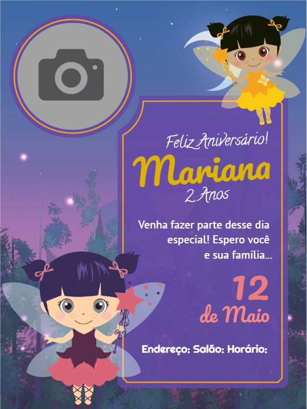 Convite de Aniversário Fadas com Foto para Editar Online