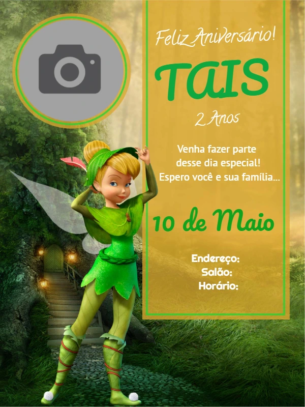 Convite de Aniversário Tinker Bell com Foto para Editar Online