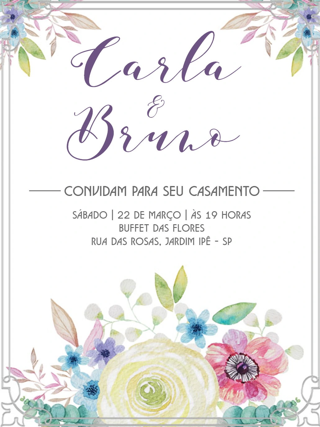 Convite de Casamento Floral Aquarela Colorido para Editar Online