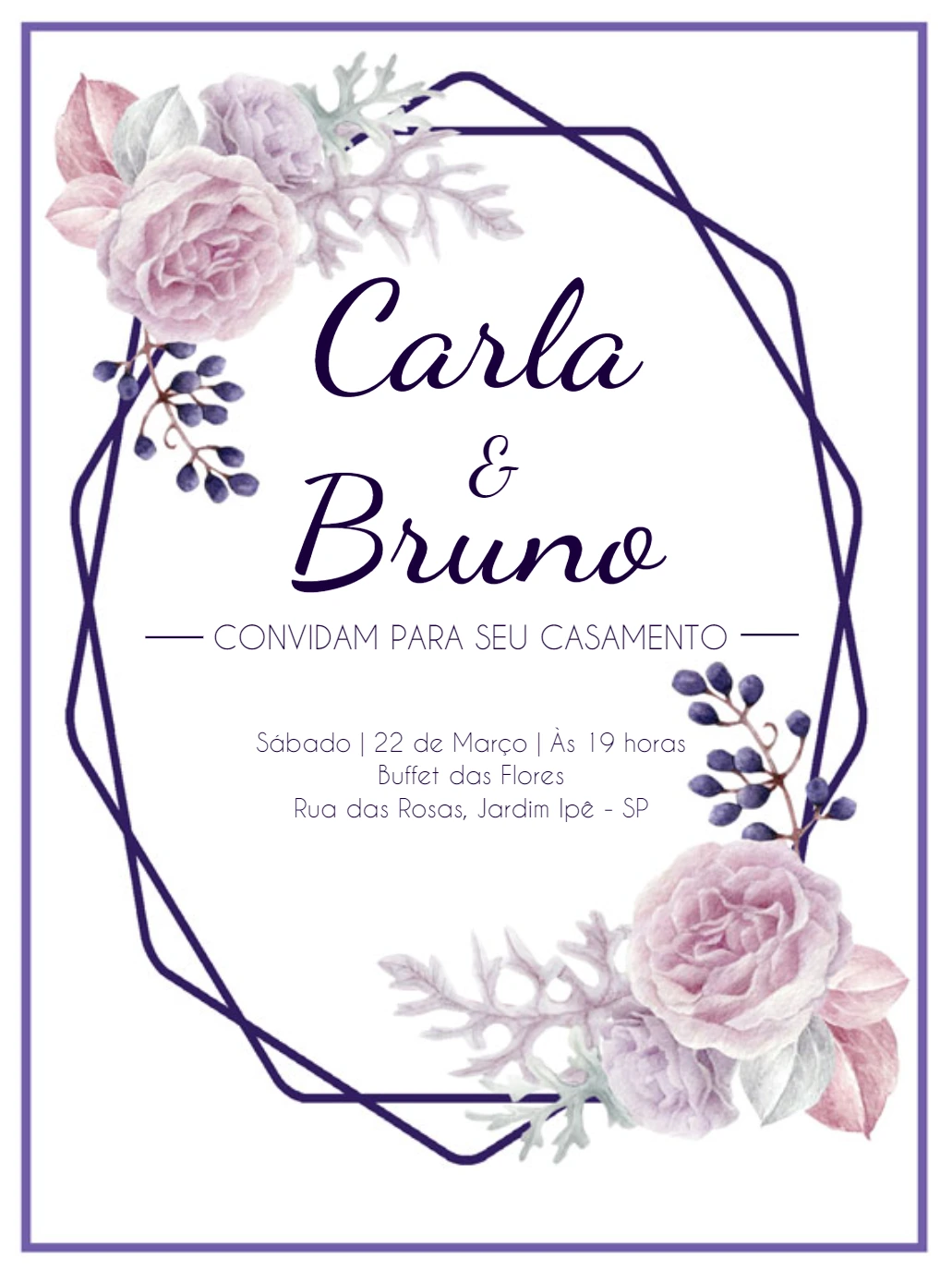 Convite de Casamento Floral Roxo e Branco para Editar Online