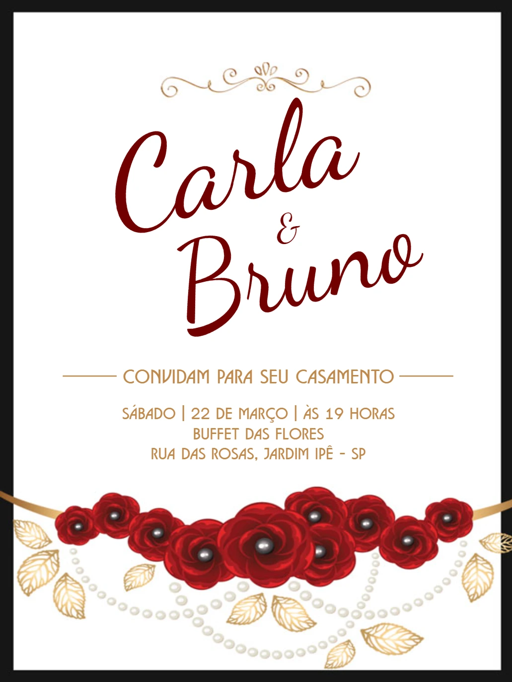 Convite de Casamento Rosas Vermelhas e Dourado para Editar
