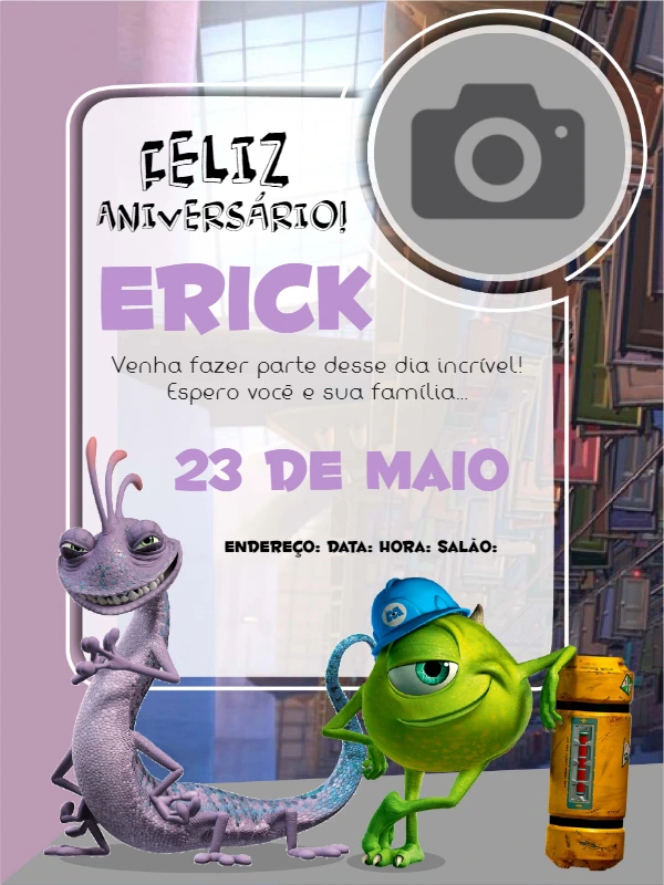 Convite Aniversário Monstros SA com Foto para Editar Online