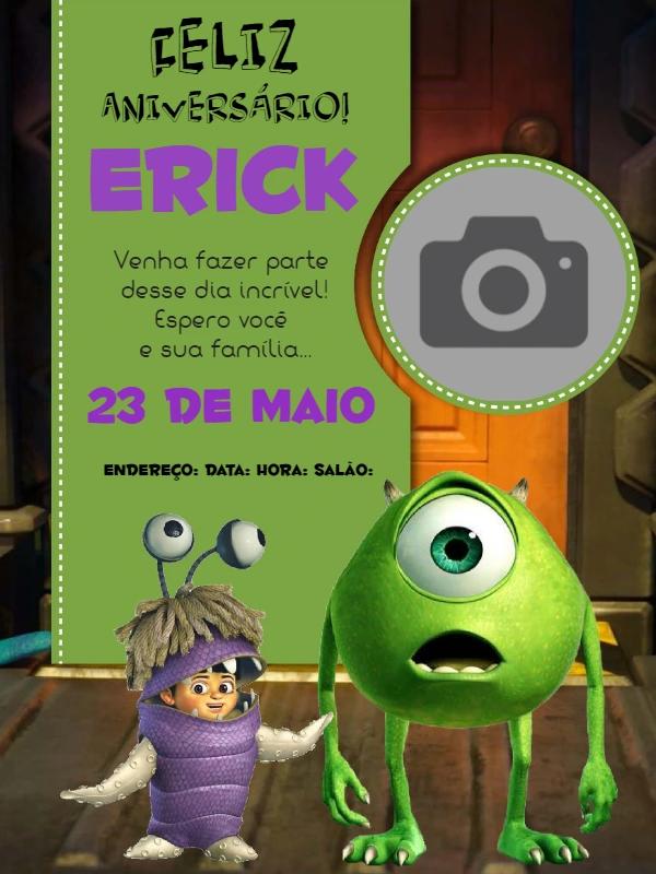 Convite Aniversário Monstros SA com Foto para Editar Online