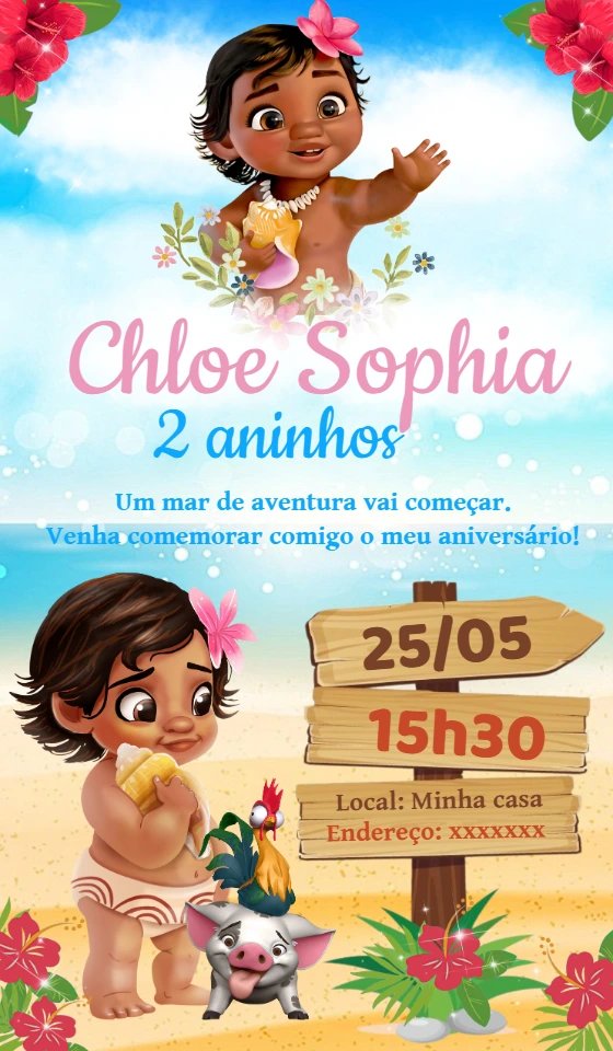 Convite de Aniversário Moana Baby para Editar Online