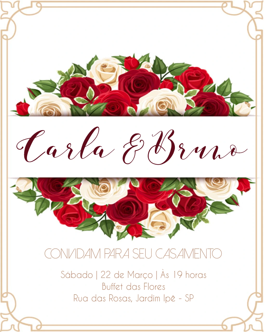 Convite de Casamento com Rosas Vermelhas e Dourado para Editar