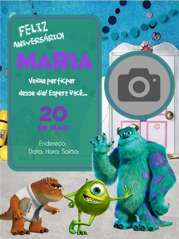 Convite Aniversário Monstros S.A. com Foto para Editar Online