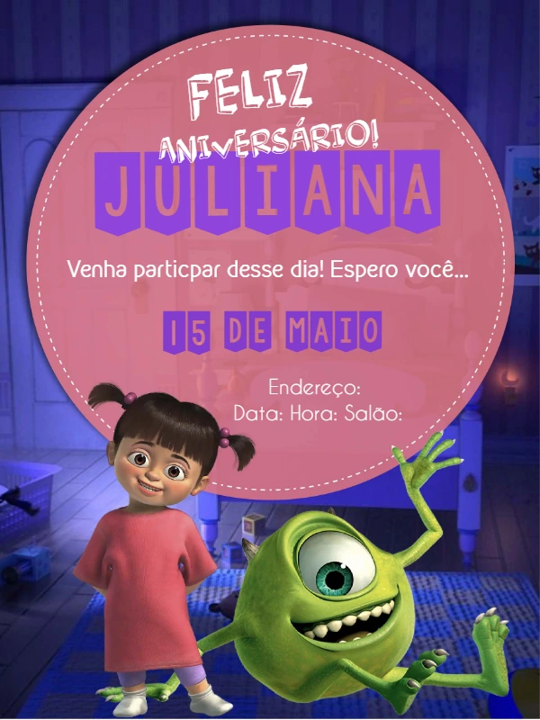 Convite Aniversário Monstros SA com Mike e Boo para Editar